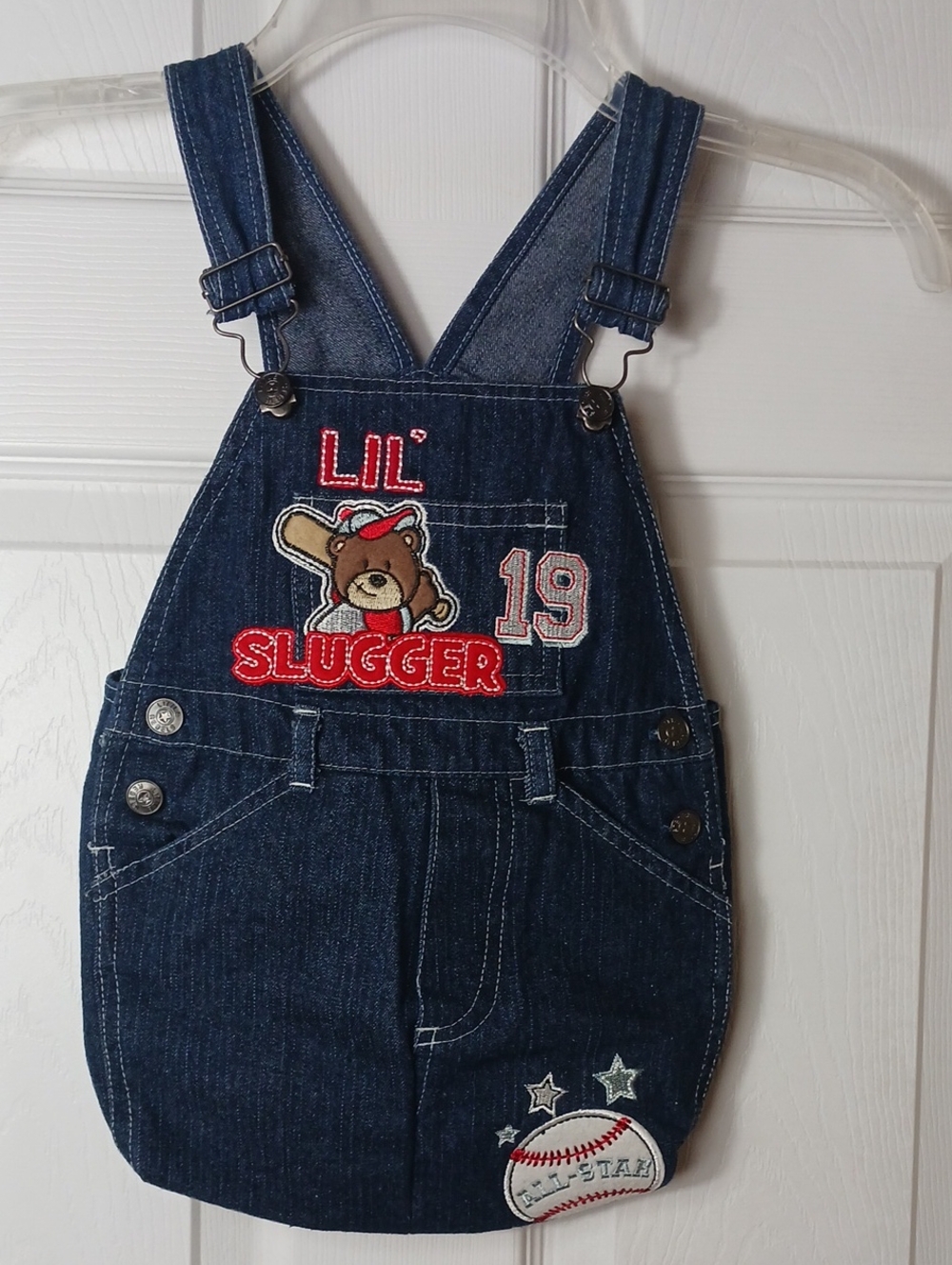Upcycled Denim Overalls Tote Bag Handmade Baseball Theme All Star Bear Boy